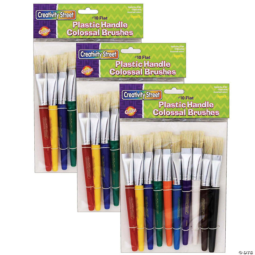 Creativity Street Beginner Paint Brushes, Flat Stubby Brushes, 10 Assorted Colors, 7.5" Long, 10 Per Pack, 3 Packs Image