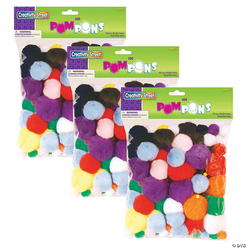 Creativity Street Pom Pons, Bright Hues, Assorted Sizes, 100 Pieces Per Pack, 3 Packs Image