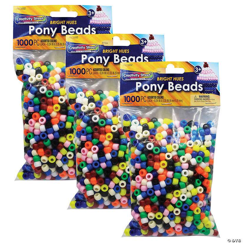 Creativity Street Pony Beads, Assorted Bright Hues, 6 mm x 9 mm, 1000 Per Pack, 3 Packs Image