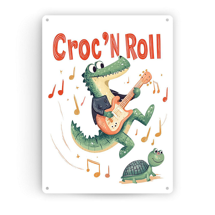 Croc_ N Roll Vertical Tin Sign Wall Decor by Dancing Littles Jungle - Size 12x16 inch Image