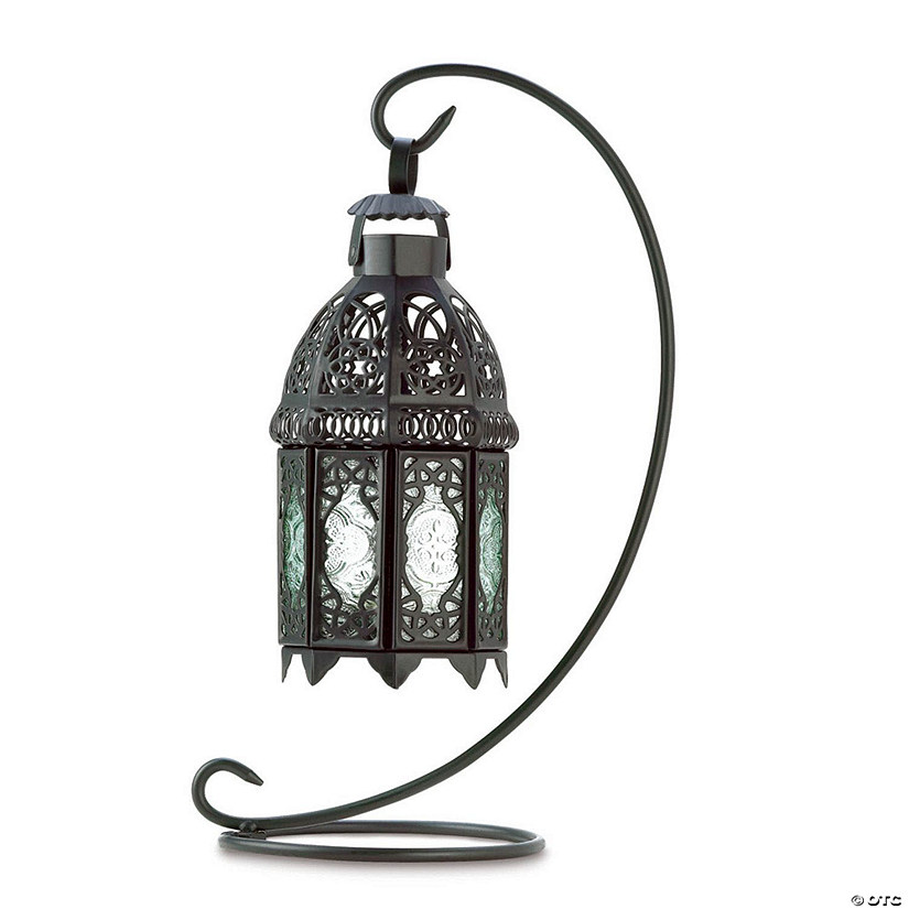 Curled Metal Stand With Black Moroccan Candle Lantern 13" Tall Image