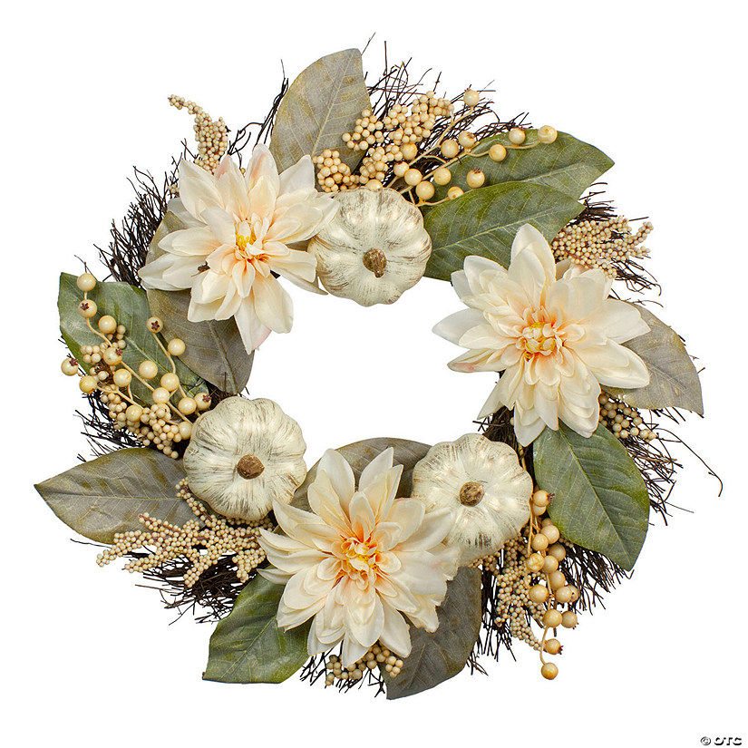 Dahlia and Pumpkin Fall Artificial Floral Wreath  22-Inch Image