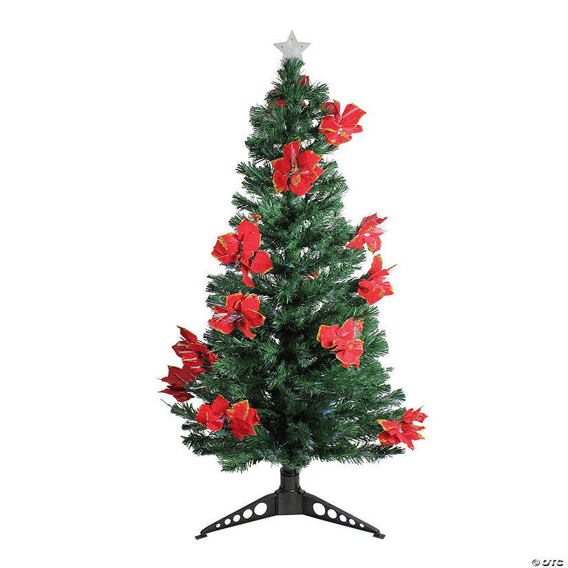 DAK 5' Pre-Lit Medium Fiber Optic Artificial Christmas Tree with Red Poinsettias - Multicolor Lights Image