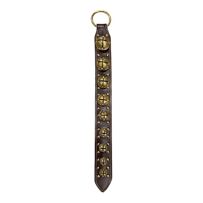 Dark Brown Solid Brass Bells Studded Natural Leather Sleigh Bell Door Hanger USA Image