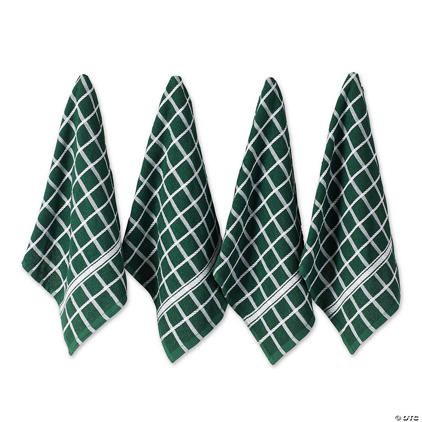 Dark Green Solid Windowpane Terry Dishtowel 4 Piece Image