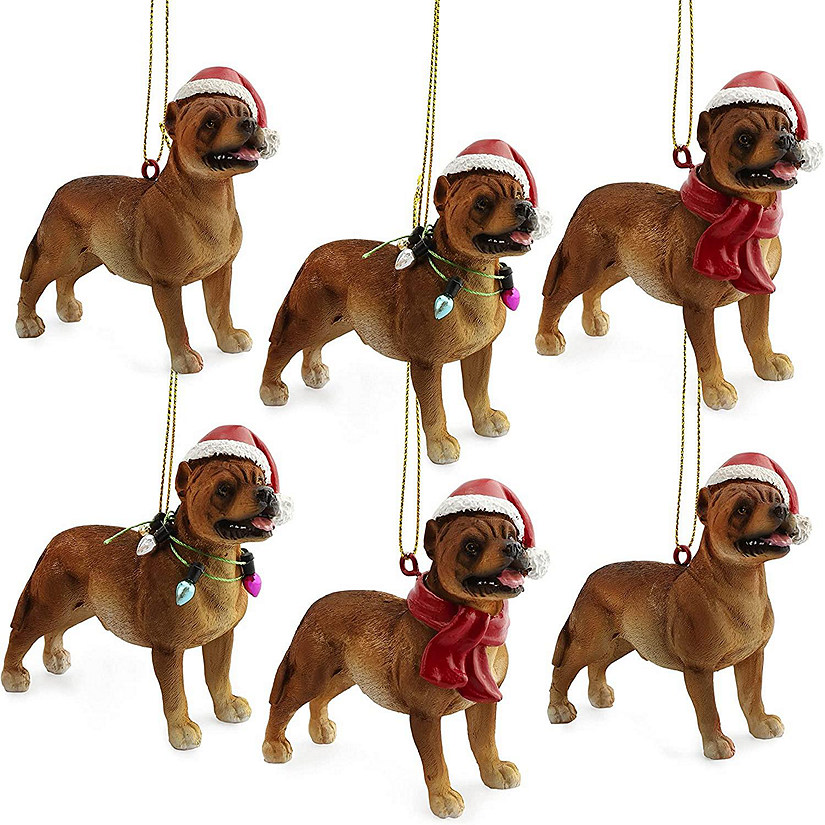 Darware Pitbull Dog Christmas Ornament (Set of 6); Dog Figurine Hanging Christmas Tree Decorations Wearing Santa Hats Image