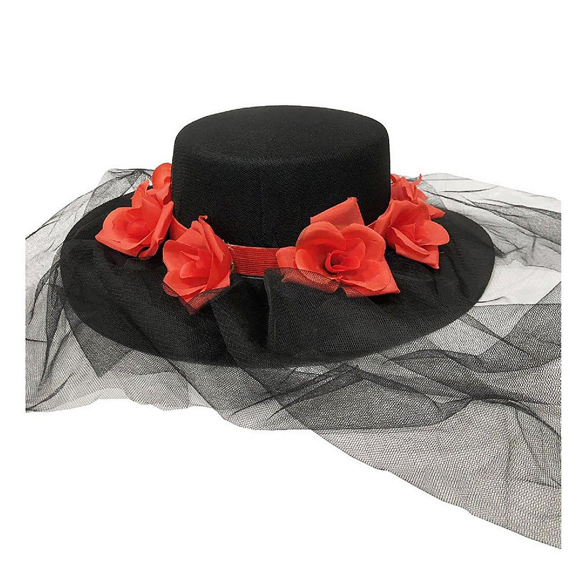 Day of the Dead Skeleton Adult Costume Gaucho Hat with Red Roses and Veil Image