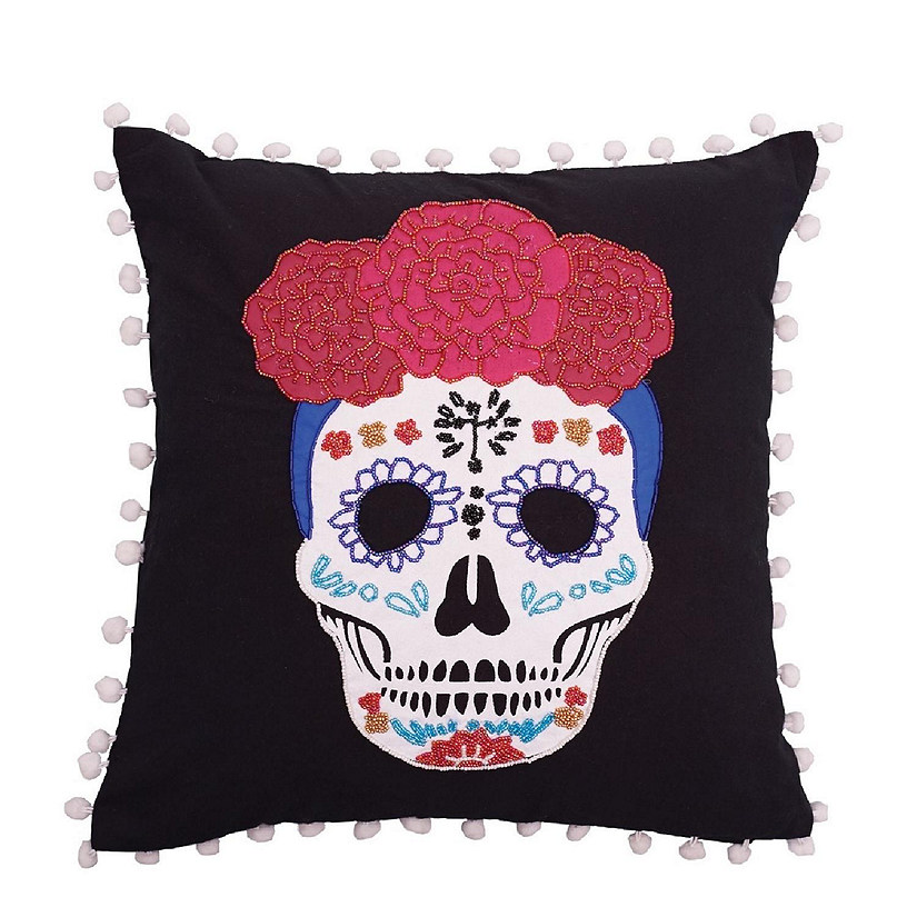 Day of the Dead Sugar Skull Calavera Cotton Beaded Pillow 16 Inches New Image