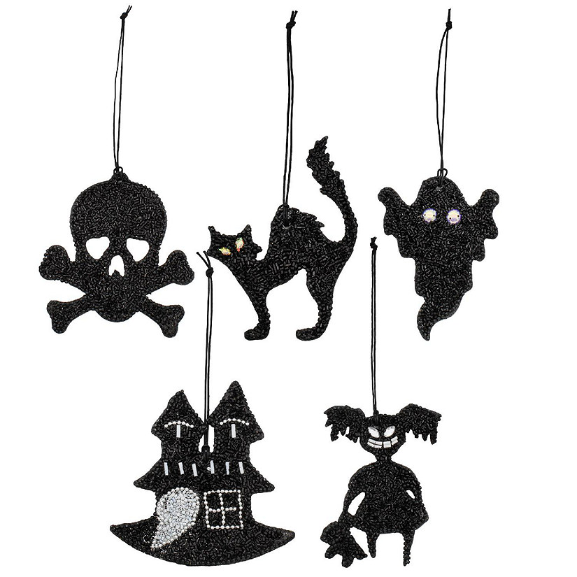 Decorae Beaded Hanging Halloween Ornaments (Set of 5, Black); Reversible Spooky Tree Decorations Image