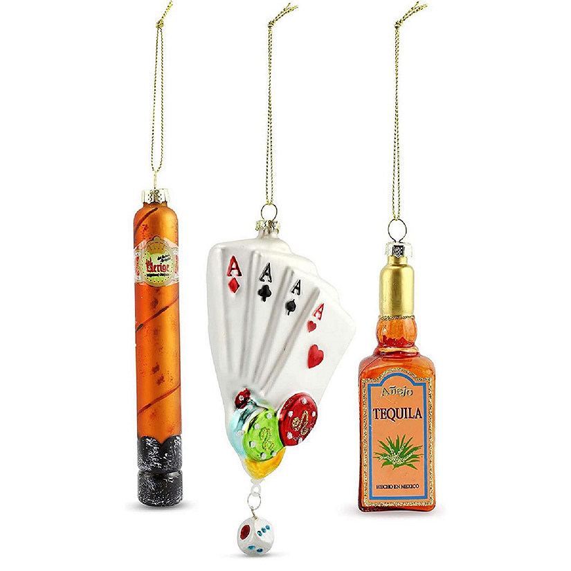 Decorae Glass Poker Ornament Set (3-Piece Set with Playing Cards, Cigar, and Tequila Bottle); Christmas Tree Decorations in Honor of Poker Night Image