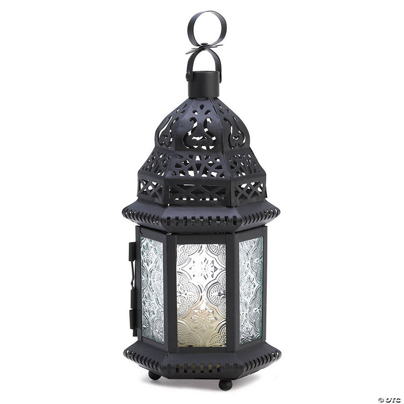 Decorative Etched Clear Glass Moroccan Style Hanging Candle Lantern 10.25" Tall Image