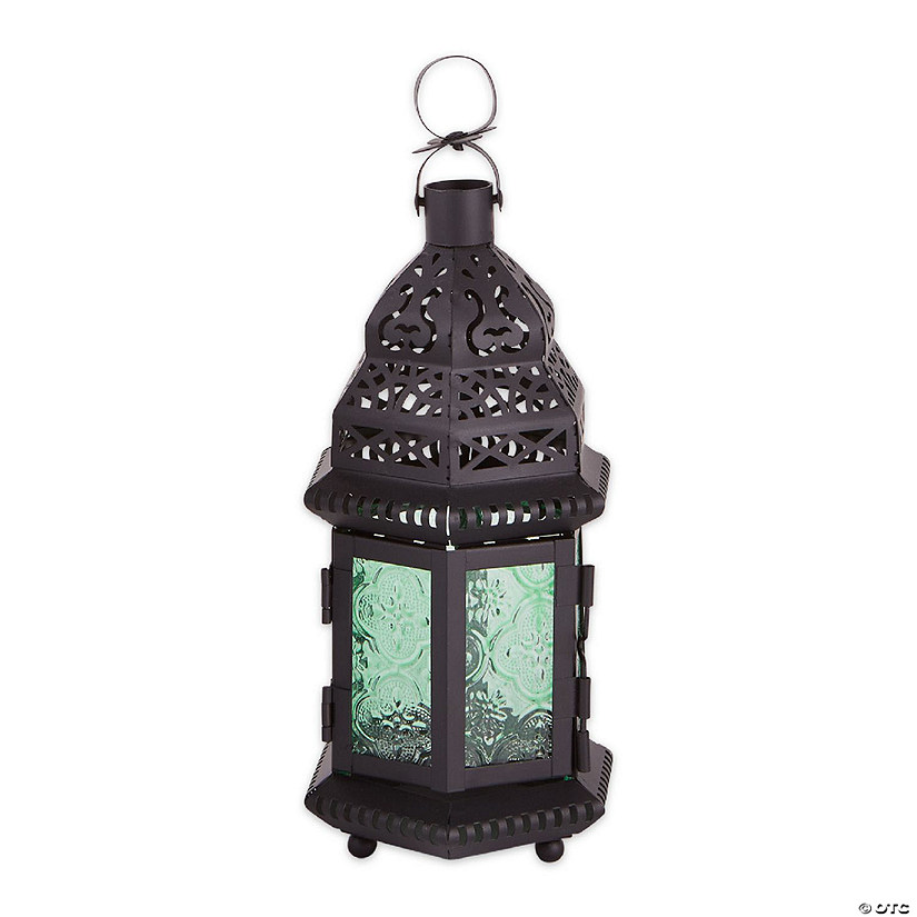 Decorative Etched Green Glass Moroccan Style Hanging Candle Lantern 10.25" Tall Image