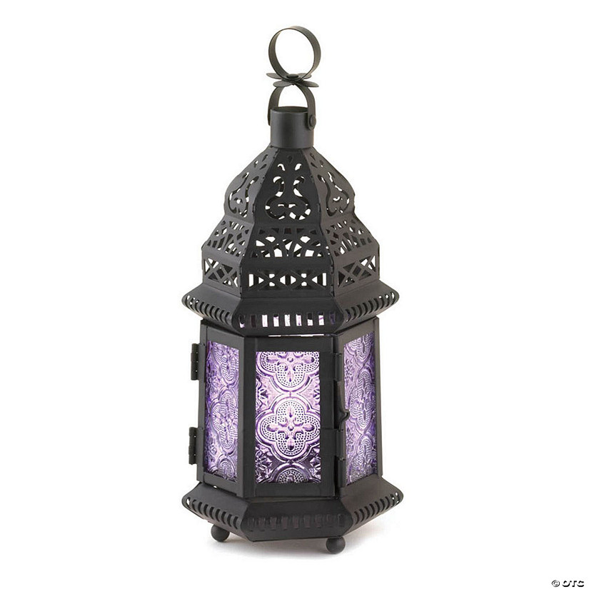 Decorative Etched Purple Glass Moroccan Style Hanging Candle Lantern 10.25" Tall Image