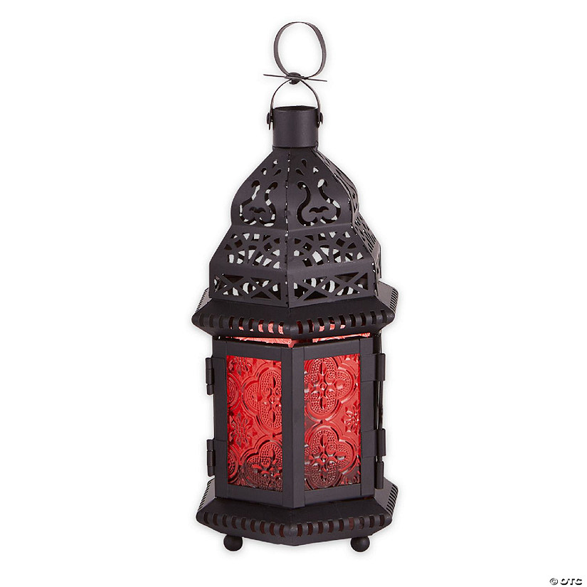 Decorative Etched Red Glass Moroccan Style Hanging Candle Lantern 10.25" Tall Image
