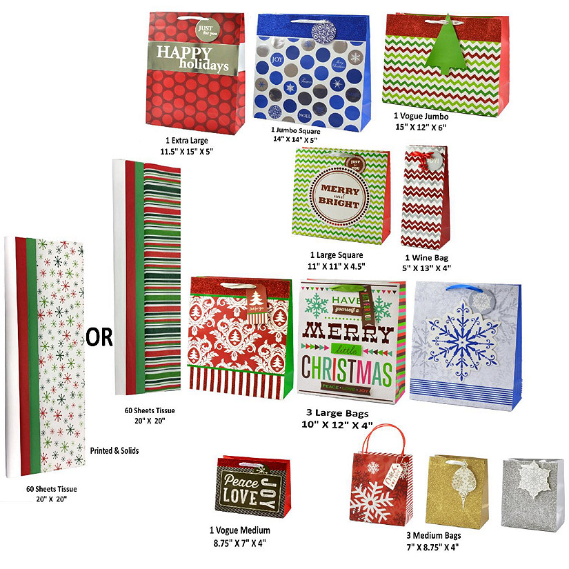 Deluxe 72 Piece Christmas Holiday Gift Bag Set,12 Assorted Bags with 60 Sheets of Tissue Image