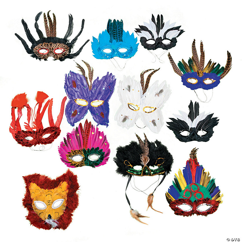 Deluxe Feather Mask Assortment- 12 Pc. Image