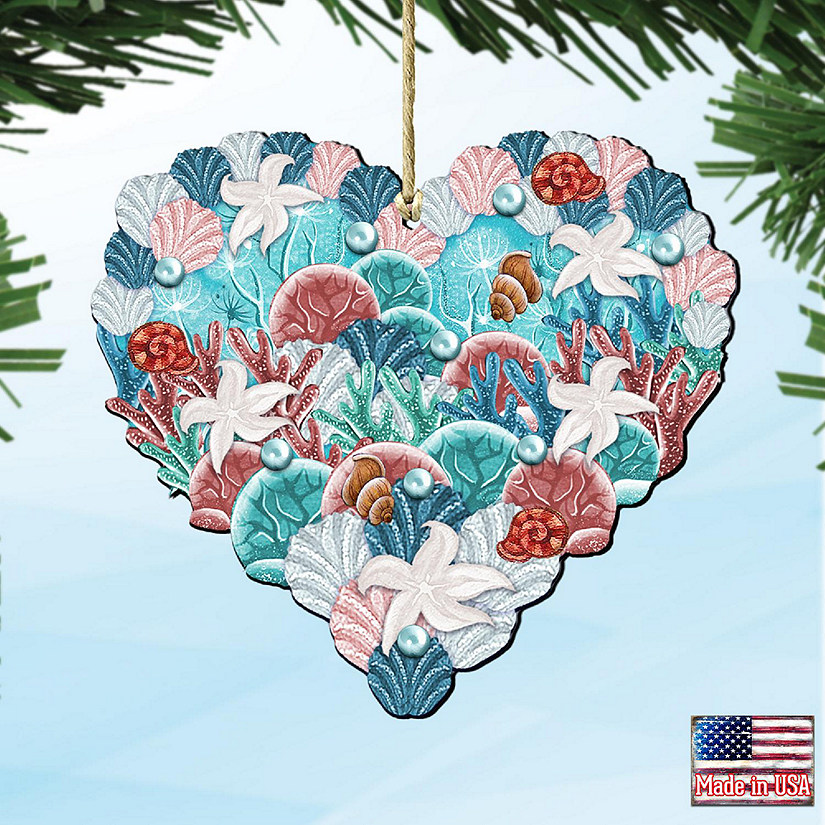 Designocracy Coastal Heart Wooden Ornaments Set of 2 Coastal Holiday Decor Image