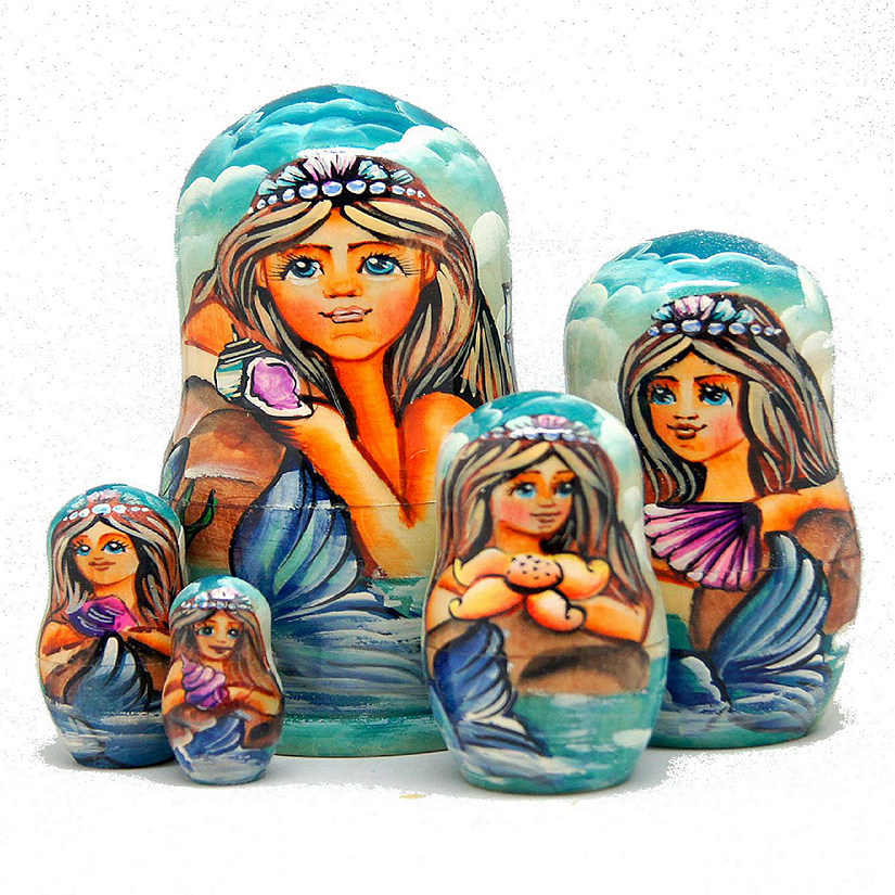 Designocracy Mermaid Mrs. of The Sea 5-Nest Russian Matryoshka Wooden Nested Dolls Set Image