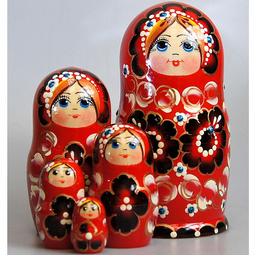 Designocracy Red Floral 5-Piece Russian Matryoshka Nested Doll Set Image