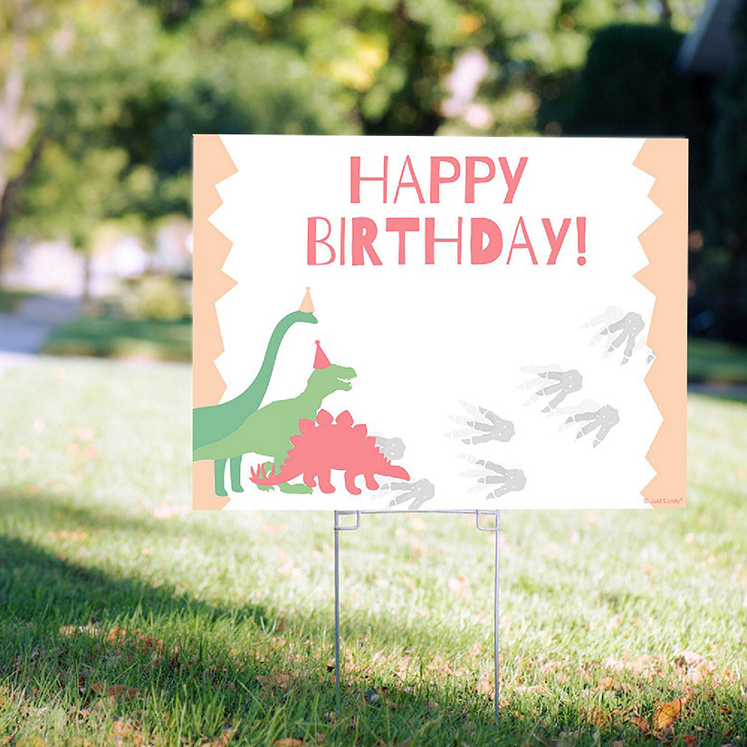 Dinosaur Birthday Party Yard Signs for Girls (18" x 24") Pink Kid's Party Decorations - Stakes Included Image