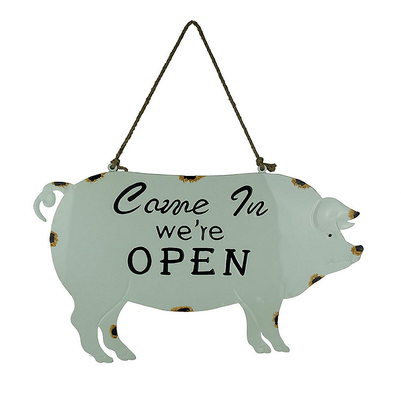 Direct International Weathered White Enamelware Farmhouse Pig Open Sign Image