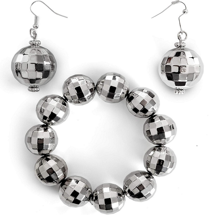 Disco Ball Jewelry Set - 1970s Silver Diva Mirror Balls Costume Bracelet and Earrings Rave Accessories Set for Women and Girls Image