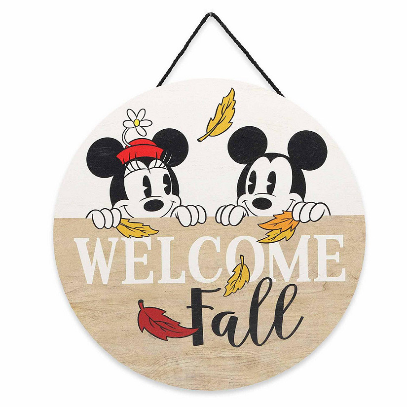 Disney 11x11 Disney Mickey & Minnie Mouse Welcome Fall Round Hanging Wood Wall Decor Image