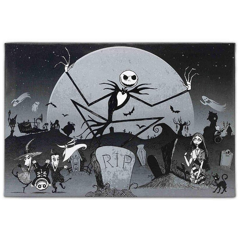 Disney 13x20 Tim Burton's The Nightmare Before Christmas Graveyard Group Black & White Canvas Wall Decor Image