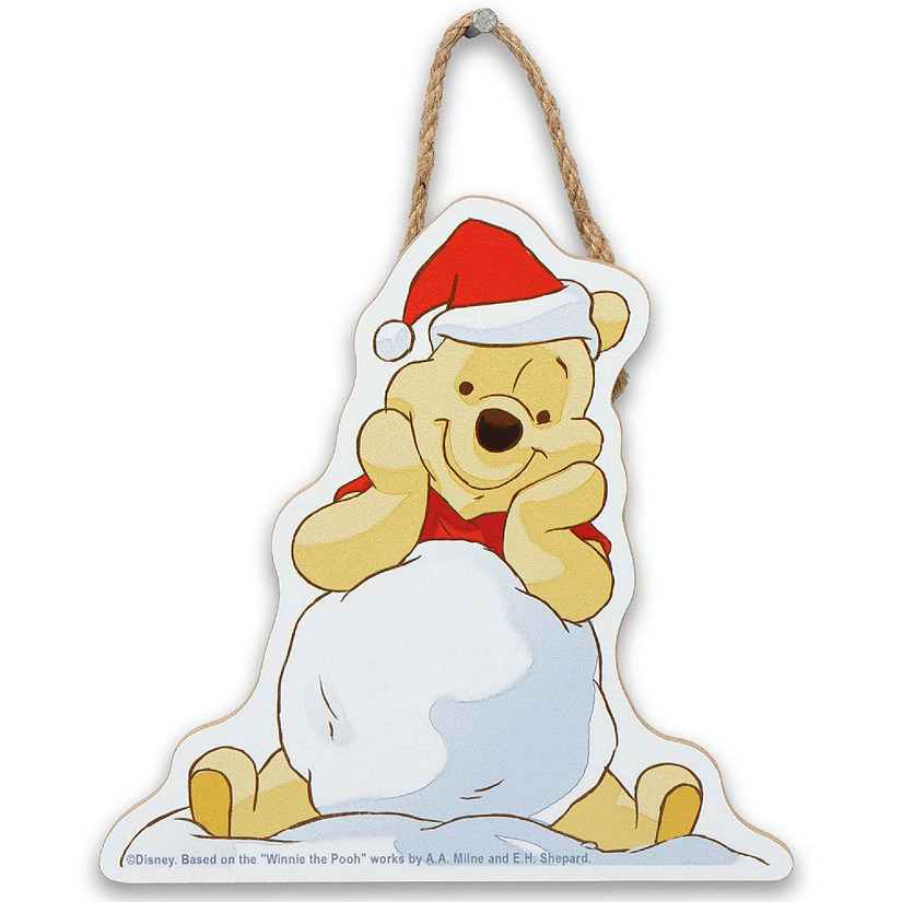 Disney 5x5 Disney Winnie the Pooh Santa Snowball Christmas Hanging Wood Wall Decor Image