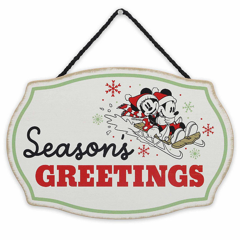 Disney 5x8 Disney Mickey & Minnie Mouse Season's Greetings Christmas Hanging Wood Decor Image