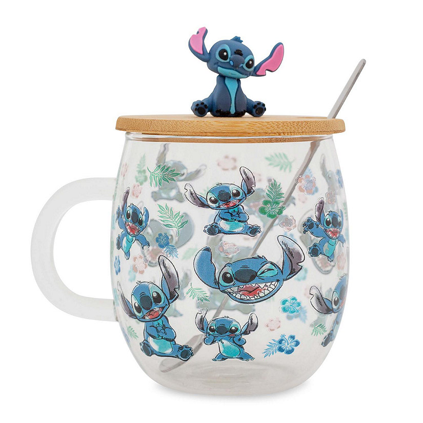 Disney Lilo & Stitch Expressions Glass Mug With Lid and Spoon  Holds 17 Ounces Image