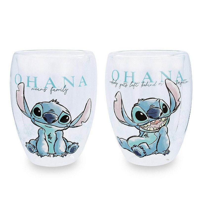 Disney Lilo and Stitch "Ohana Means Family" Floral Stemless Glasses  Set of 2 Image