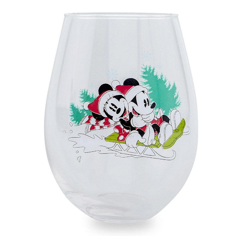 Disney Mickey and Minnie Christmas Sled Stemless Wine Glass Holds 34 Ounces