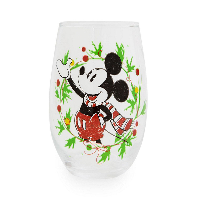 Disney Mickey Mouse Christmas Wreath Stemless Wine Glass  Holds 20 Ounces Image
