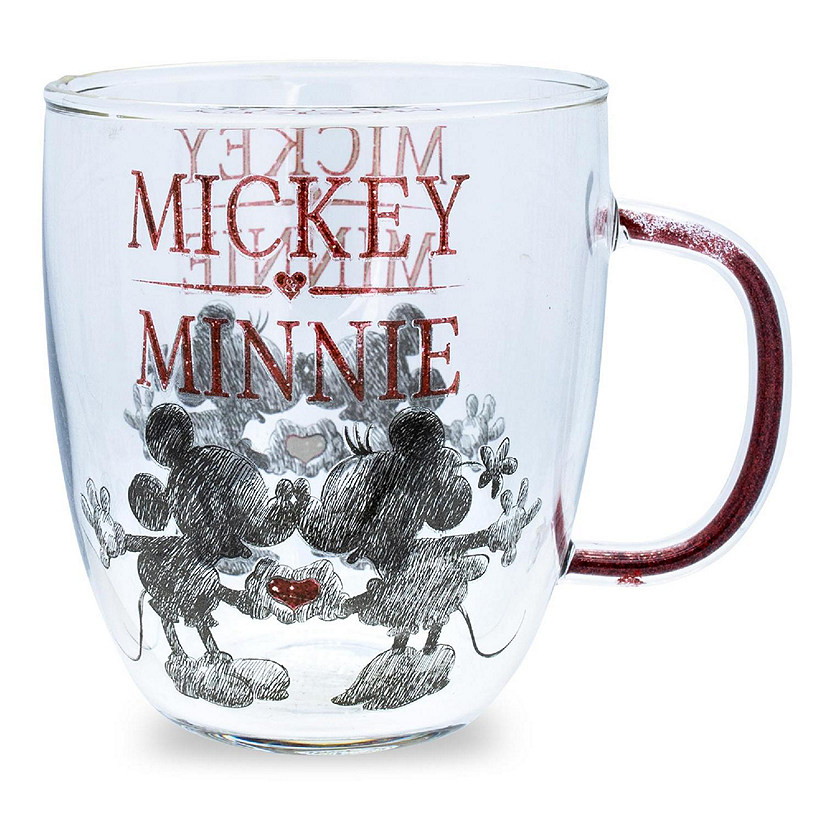 Disney Minnie And Mickey Mouse Glass Mug With Glitter Handle  Holds 14 Ounces Image