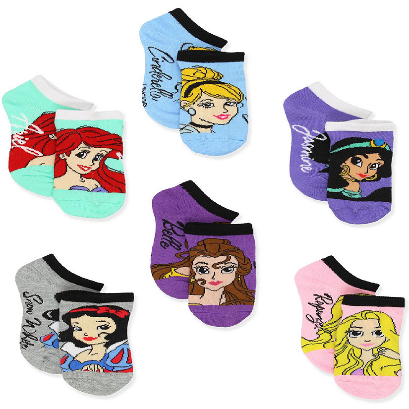 Disney Princess Girls 6 pack Socks (Medium (6-8), Princess Names No Show)