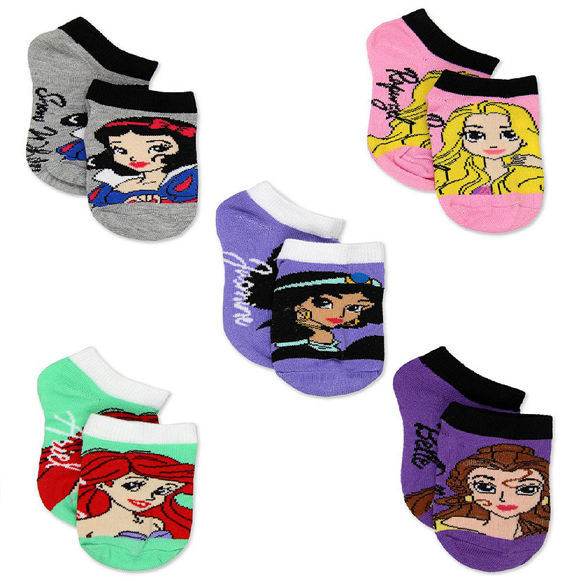 Disney Princess Toddler Girls 5 pack No Show Sock Set (Shoe: 7-10 (Sock: 4-6), Princess Names 5 pk) Image