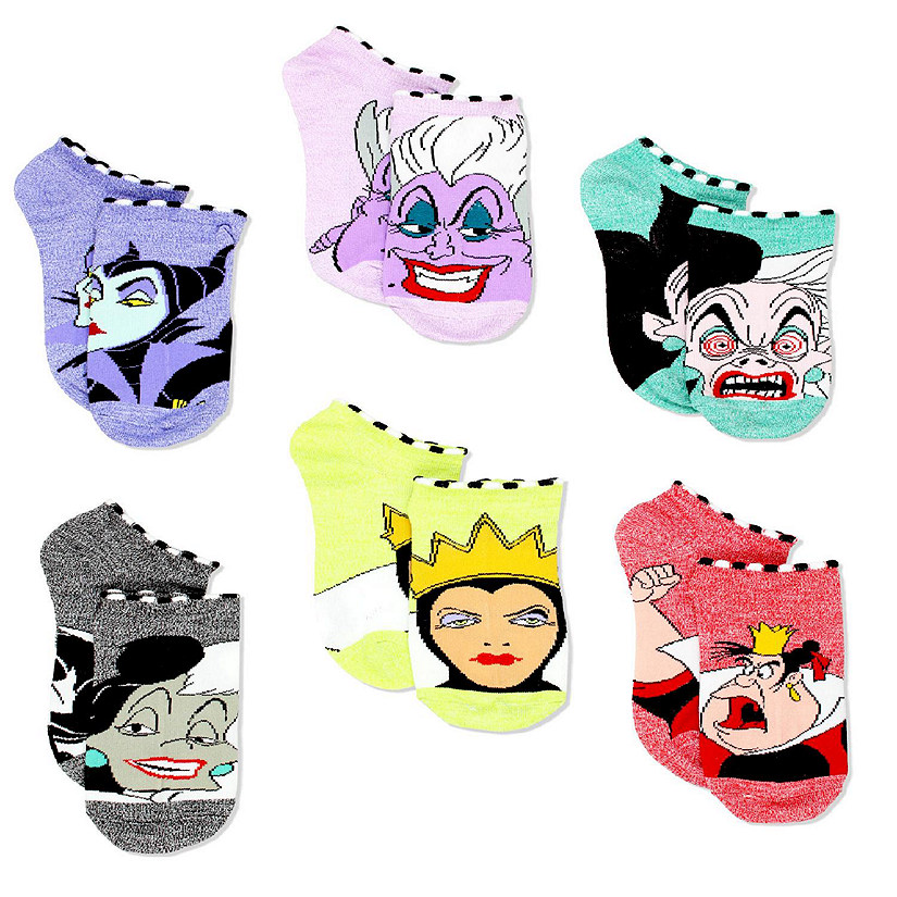 Disney Villains Girls Teen Womens 6 pack Socks (Shoe: 4-10 (Sock: 9-11), Villains Multi) Image