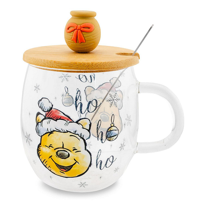 Disney Winnie the Pooh Holiday 17-Ounce Glass Coffee Mug With Lid and Spoon Image