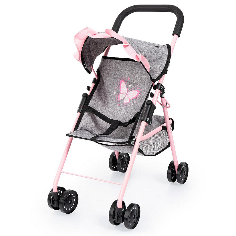 Doll Buggy Stroller W/ Sun Canopy, Grey, Pink, Butterfly Image