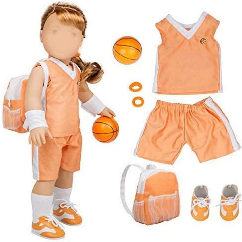 Dress Along Dolly Basketball Uniform Outfit for American 18" Dolls (8 pc Set) - Includes Premium Handmade Doll Clothes & Accessories - Sport Halloween Costume Image