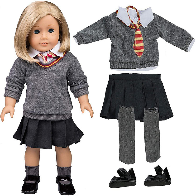 Dress Along Dolly Hermione Granger Inspired Doll Outfit (6 Piece Set) - Premium Handmade Clothes Costume for 18" Dolls - Hogwarts School Uniform Image