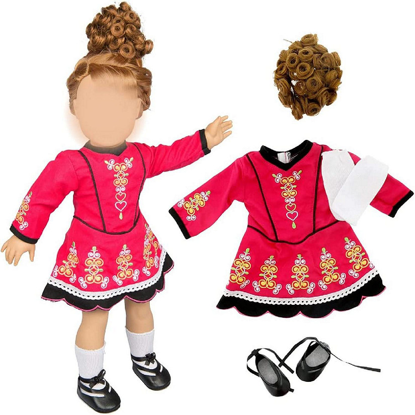 Dress Along Dolly Irish Step Dancing Doll Outfit (4 Pc Set) - Costume Clothes for 18" Dolls - Includes Dress, Hairpiece, Gillies, & Leggings - Gifts for Girls Image