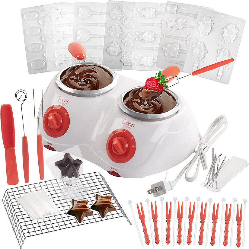 Dual Electric Chocolate Fondu Melting Pot Gift Set - Candy Making or Cheese  Fondue Fountain Kit w 30 Free Accessories including Molds, Trays, Forks,  and Recipe