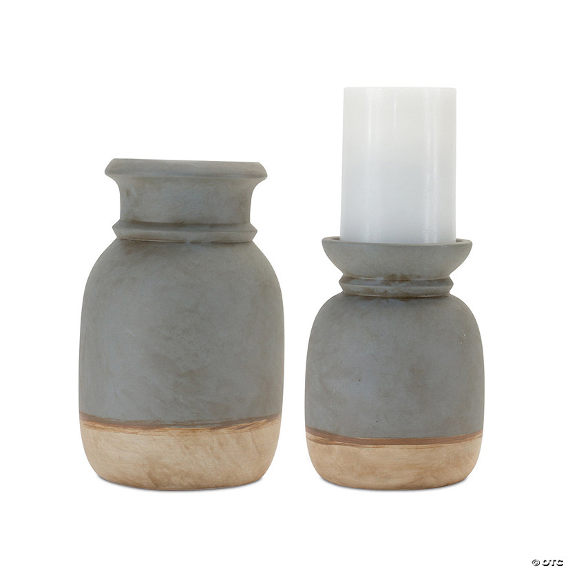 Dual-Tone Grey Ceramic Candle Holder (Set Of 2) 6.25"H, 8.25"H Image