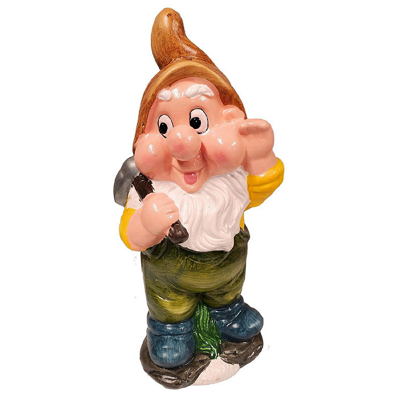Dwarf with Pick Ax and Orange Hat Ceramic Garden Gnome Statue Lawn Ornament Image