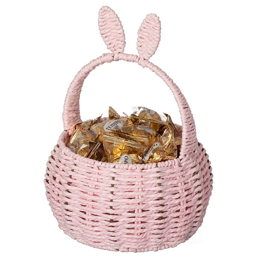 Easter Bunny Ear Basket with Handle Multi-Purpose Paper Rope Wicker Basket for Easter Egg Hunts, Picnics, Flowers, Food Storage, Parties, and Home Decor, Pink Image