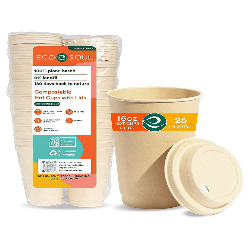 ECO SOUL 100 Percent Compostable Plant Based PFAS Free Hot Cups with Lids - 25 Count, 16 oz Image