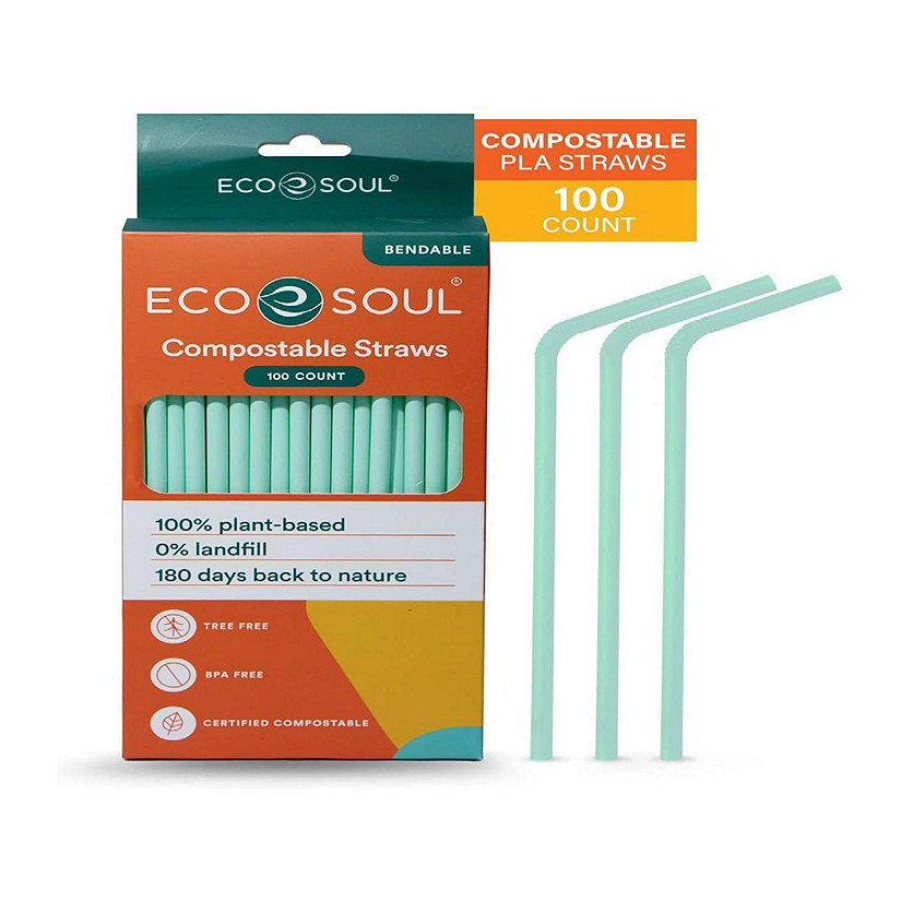 ECO SOUL 100 Percent PLA Compostable Biodegradable Sustainable Disposable Straws - 100 Count, 8.25 Inches Image