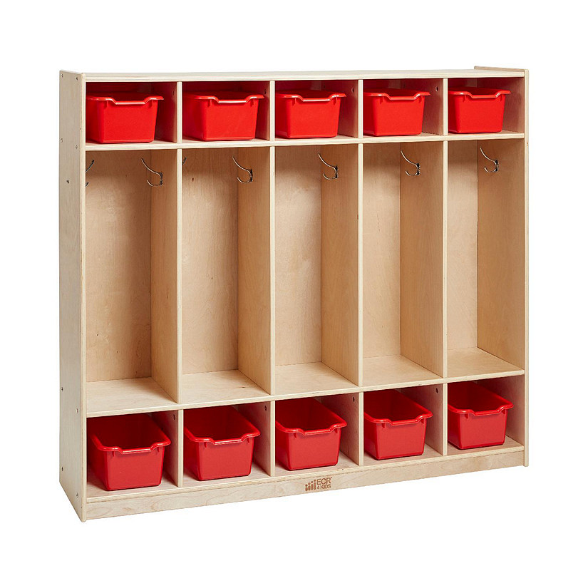 ECR4Kids 5-Section Coat Locker and Scoop Front Storage Bins, Natural, Red Image